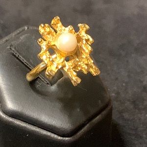 70’s BRUTALIST MODERNIST ABSTRACT GOLDEN PEARL RING VINTAGE